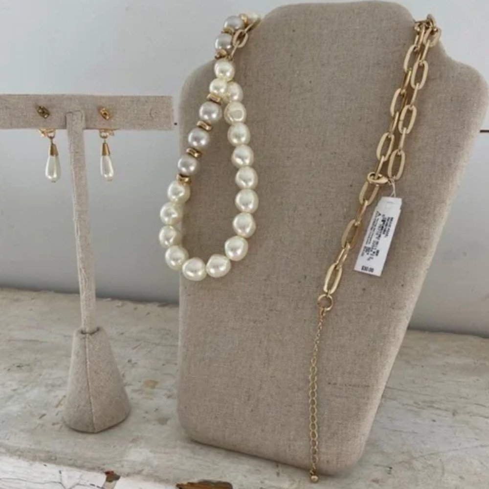 Paperclip Necklace Gold Tone Pearls Brand New AND Pearl Earrings Bundle Jewelry - Picture 3 of 13